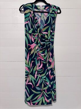 Tommy Bahama Faux Wrap Dress Size Small Petite Navy Leaf Sleeveless Tropical New